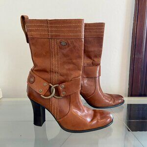 VTG 2000 y2k Tan Brown Leather Harley Davidson Heel Boots Sexy Biker 85052 Buckl